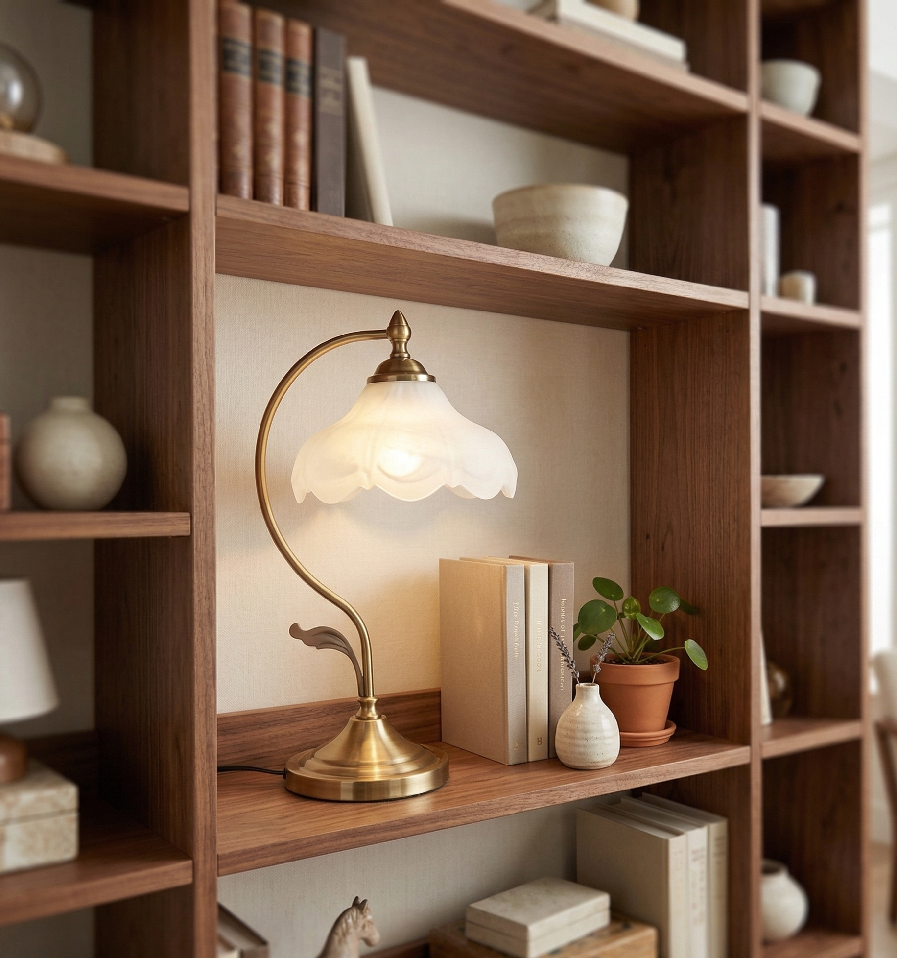 Vintage Glass Flower Brass Table Lamp
