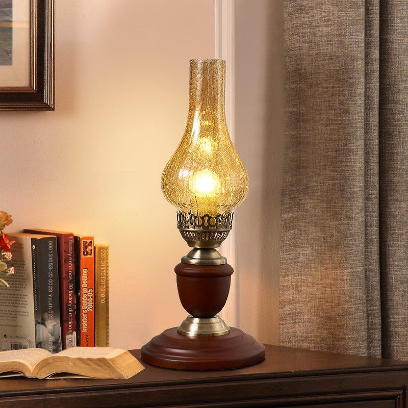 Vintage Chinese Wooden and Brass Glass Table Lamp